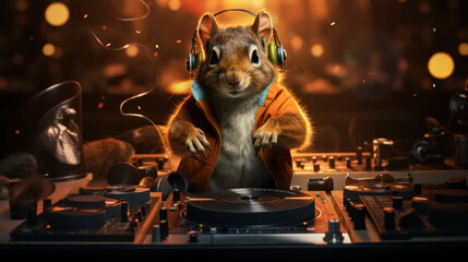 A squirrel in headphones focuses on the DJ turntable, amidst a backdrop of party lights, conveying a mood of concentration and musical passion.