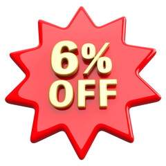 Special 6 percent off sale with number 3d render red tag label