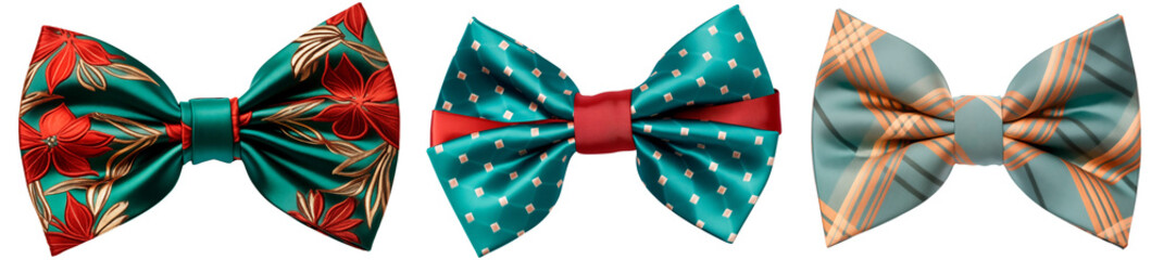 Set/collection of festive bow ties with luxurious patterns. Red, green and checkered bow ties. Isolated on a transparent background.
