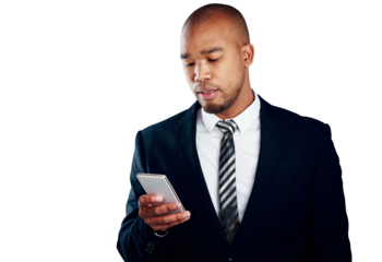 Businessman, reading and smartphone for text, email or message for communication by cellular network. Black person, consultant and mobile app for article on isolated or transparent png background