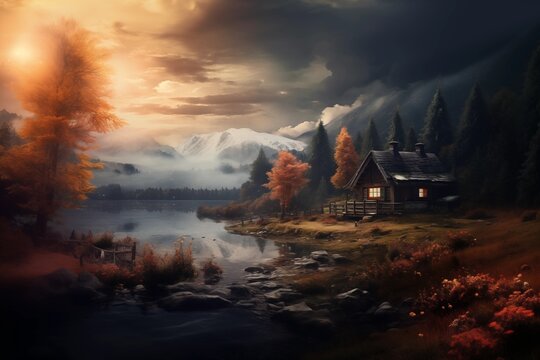 cozy landscape realistic illustration