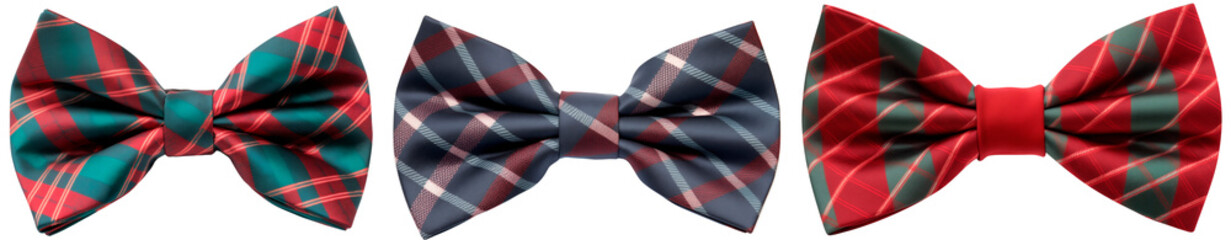 Set/collection of holiday plaid bow ties. Isolated on a transparent background.