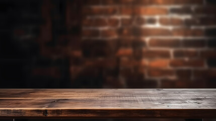 Old wood table with dark brown wall blurred background. Generative AI.