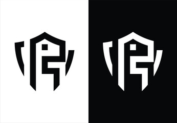 SHIELD-SHAPED VECTOR MONOGRAM DESIGN FORMING THE LETTER "R". BLACK AND WHITE BACKGROUND.