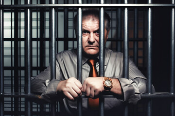 Fototapeta A politician holds prison bars, an official is arrested for money laundering. A man in a suit in prison. Corruption in government and business. obraz