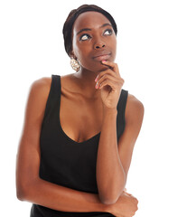 Woman, thinking and idea for future, fashion and plan for outfit, vision and choice or question. Black female person, wonder and decision for beauty, mind and isolated on transparent png background