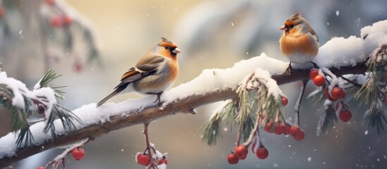 Two birds perch on a snowy branch with berries, amidst a pine forest in a winter storm, with evening light.