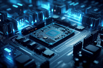 A powerful computer processor or chip on a motherboard. Modern technologies. Blue background. Development of computer technologies.