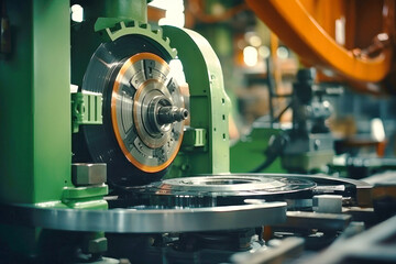 Photo of a detailed view of industrial machinery in a manufacturing plant. Modern metal processing at an industrial enterprise. Manufacturing of high-precision parts and mechanisms. - obrazy, fototapety, plakaty