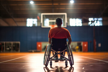 A disabled man in a wheelchair throws a basketball into a basket. Sports for people with disabilities. Active lifestyle. - obrazy, fototapety, plakaty