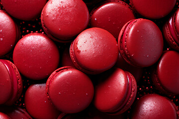 Top view of many red French macarons sweets