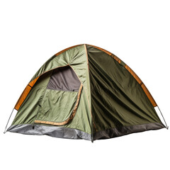 A vibrant camping tent set up on a plain transparent background. Ideal for product placement.