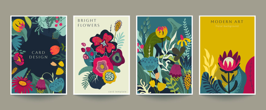 Set of four vector pre-made cards in modern style with nature motifs, flowers and leaves. Templates for your design.