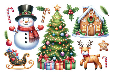 Holiday set with snowman, tree, gingerbread house, reindeer, sleigh, gifts, and decorations in cheerful Christmas arrangement