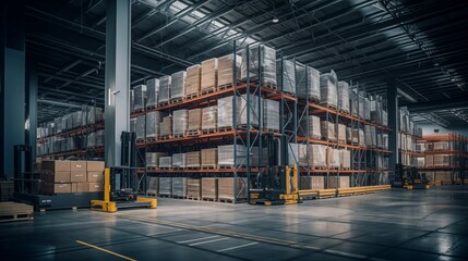 Сlose up photo of large logistic business transport warehouse indoor premises
