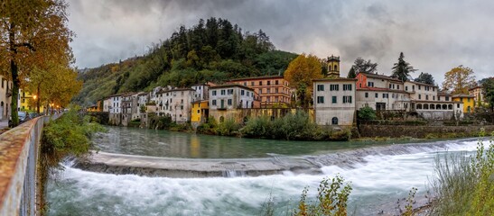 panorama view of Bagni di Lucca village and the river Lima in Tuscany