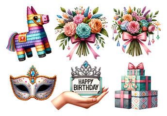 Festive birthday collection with piñata, bouquets, mask, crown, cake, gifts