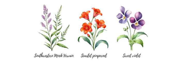 Watercolor paintings of various species of wildflowers. 