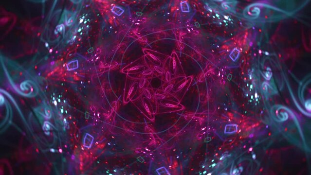 Hypnotic cosmic star supernova seamless looping kaleidoscope mandala, abstract energy core tunnel trance music background ecstasy, VJ music visual pulse beats.