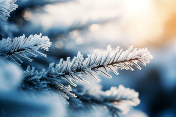 A closeup of a frosty pine branch against a sunset sky