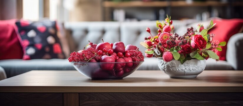 Red fruits and flowers in a bowl on a wooden coffee table in an elegant living room with a ginger sofa.