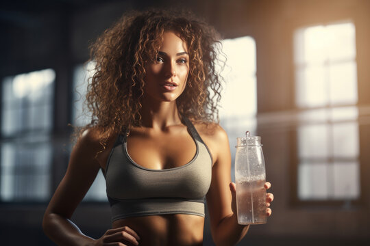 Image of a woman hydrating herself with a glass of water after a workout session photo. Generative AI