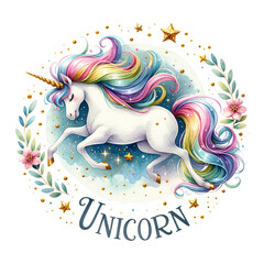 Obraz na płótnie Canvas White unicorn with colorful mane and golden horn, phrase Unicorn