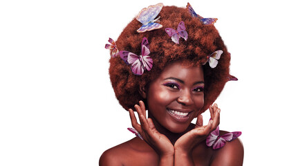 Black woman, portrait and makeup with butterflies in hair, cosmetics and happy with natural glow...