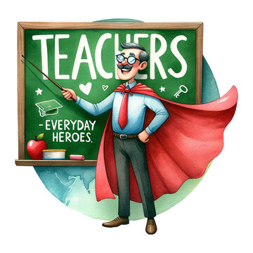 Superhero teacher in front of chalkboard with phrase Teachers - Everyday Heroes
