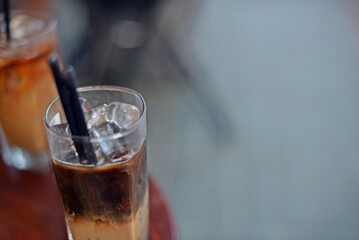 Close up of Vietnam milk iced coffee, street and daily drinks of people