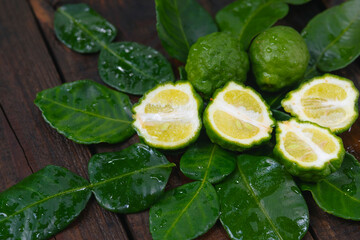 Fresh bergamot from nature Resting on a wooden chopping board To be used as a cook and nourishing...