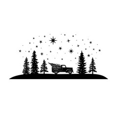 silhouette of a tree, Christmas Tree, Truck, Farm Fresh, Winter Scene, Deer, Snowy Woods, Snowy Christmas Scene, Pine Trees, Snow	
