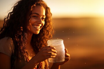 Image of a woman with a radiant smile as she quenches her thirst with pure water photo. Generative AI - obrazy, fototapety, plakaty