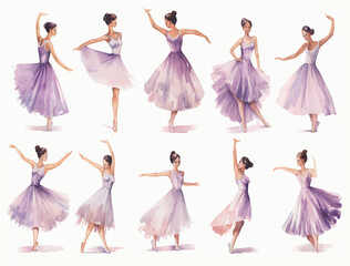 watercolor ballerina multiple poses and expression and movements, white background illustration - obrazy, fototapety, plakaty