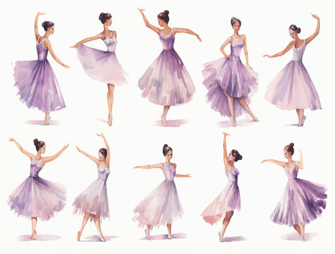 watercolor ballerina multiple poses and expression and movements, white background illustration