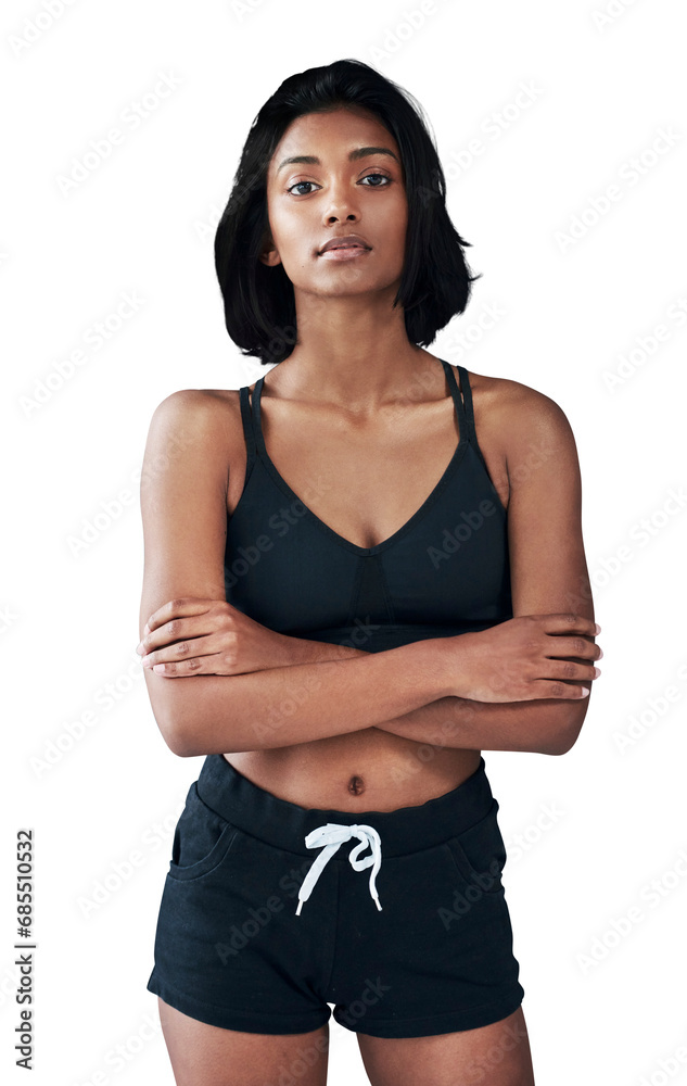 Poster Woman, portrait and arms crossed in sportswear, serious and exercise while isolated on transparent png background. Fitness, positive and athlete ready for workout, athletic or confident female person