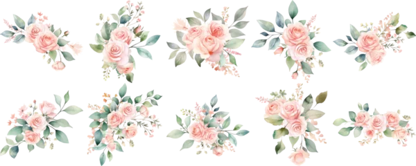 Foto op Aluminium Set of watercolor bouquet of pink roses and green leaves with transparent background © Rawitcha