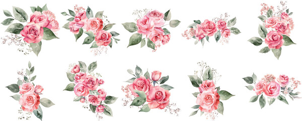 Set of Pink Rose Bouquets Watercolor with Delicate Petals on a White Background