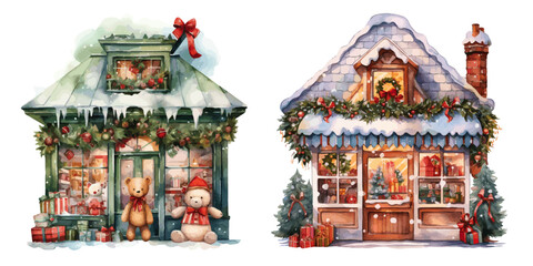 Christmas Toy Store front watercolor Vectors - obrazy, fototapety, plakaty