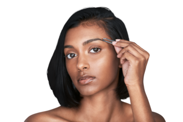 Portrait, beauty and woman with eyebrow tweezer, hair removal tool and grooming isolated on a transparent png background. Face, serious Indian woman plucking and cleaning natural skincare cosmetics