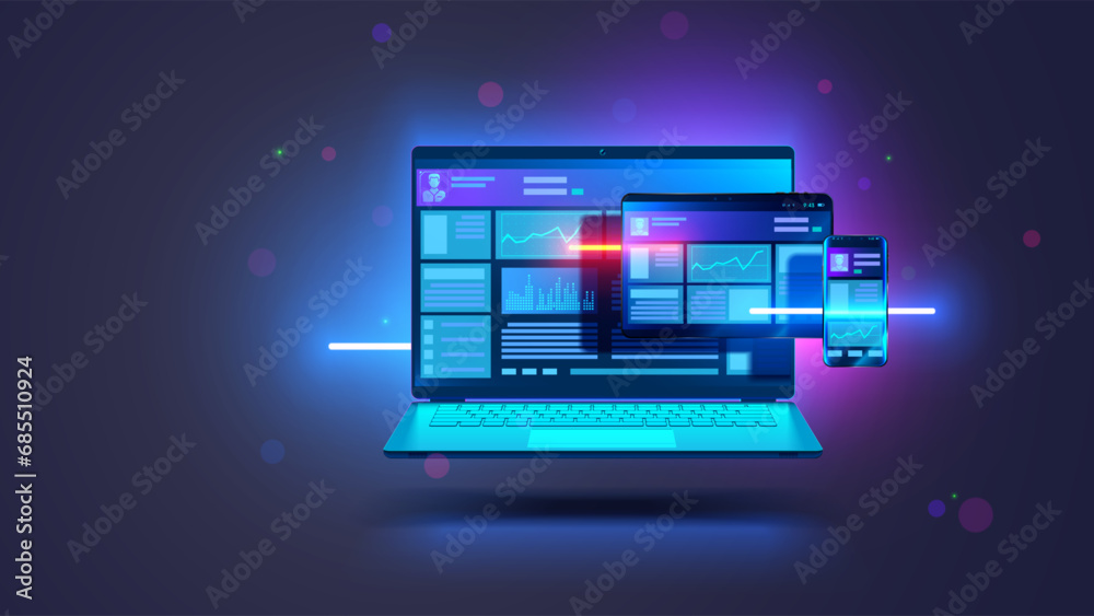Fototapete Web development and coding. Cross platform development website. Adaptive layout internet page or web interface on screen laptop, tablet and phone. Isometric concept illustration.