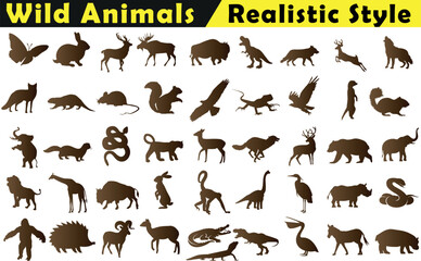 Illustration Vectorielle de la Faune, Style Réaliste. Collection d’Animaux Sauvages en Silhouette: Cerf, Renard, Loup, Ours, Lion, Tigre, Éléphant, Crocodile, Serpent, Singe, Gorille, Girafe, Aigle