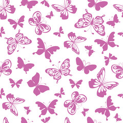 Vector seamless pattern with gentle monochromatic pink butterflies on a transparent background