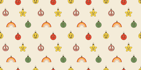 Groovy Christmas seamless pattern. Comic retro winter characters and decorative elements. Hippie decor textile, wrapping paper, wallpaper design. Cartoon vector in 70s 80s, xmas background
