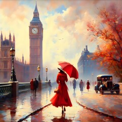A painting of a woman in a red coat and umbrella walking along a path in London with the Big Ben in the background. 