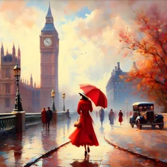 Fotobehang A painting of a woman in a red coat and umbrella walking along a path in London with the Big Ben in the background.  © Raad