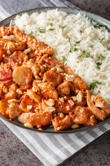 Flygande Jacob or Flying Jacob is an original Swedish dish made with chicken, banana, peanuts and bacon served with rice closeup on the plate on the table. Vertical.