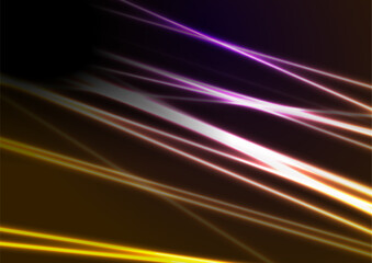 Glowing yellow violet neon laser lines abstract background. Technology vector design