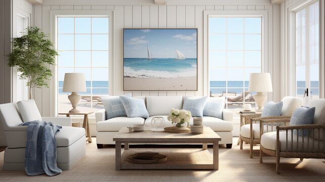 Coastal living room with breezy vibes, nautical accents, and an untouched frame capturing the essence of seaside tranquility.