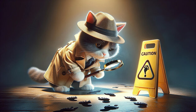 An image of a cat dressed in classic detective gear, complete with a trench coat and a detective's hat. The cat is intently inspecting a series of footprints with a magnifying glass - Generative AI